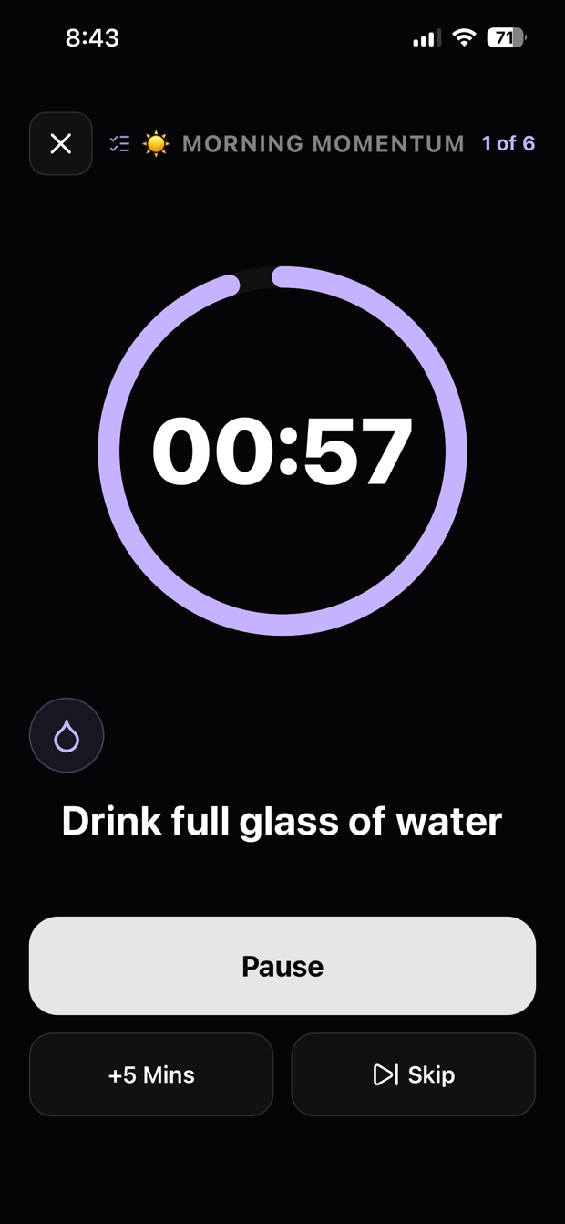 RoutineKeeper's focus screen mid-step: a large timer ring showing 57 seconds remaining on Drink full glass of water, step 1 of 6 in the Morning Momentum routine, with a Pause button